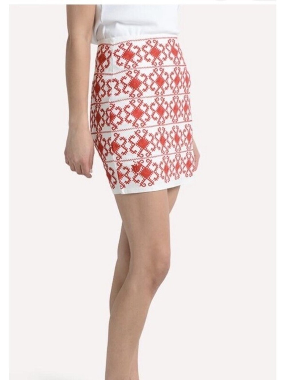 J. MARIE Red & White Geometric Embroidered Baylee Skirt Women’s Medium $118